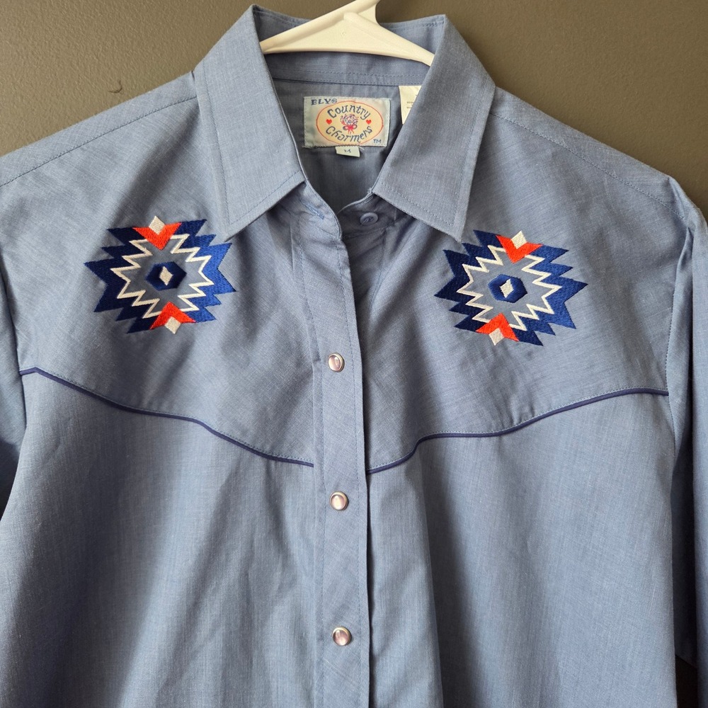Ely Country Charmers Blue Western Pearl Snap Front‎ Embroidered Shirt Medium